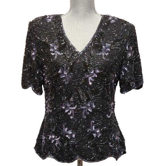 Vintage 80s Short-Sleeve Black Beaded Silk Top Sequin Blouse M - Picture 2 of 7